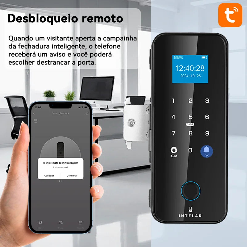 Tuya APP Glasses Fingerprint Lock Bluetooth Smart Glass Door Biometric Electronic Door Lock 13.56Mhz RFID Remote Control Unlock