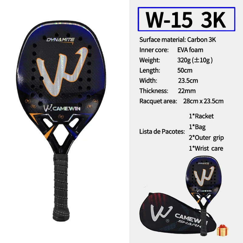 The new 3k carbon Beach tennis racket Full carbon fiber rough surface With protective bag outer grip wrist care gift CAMEWIN
